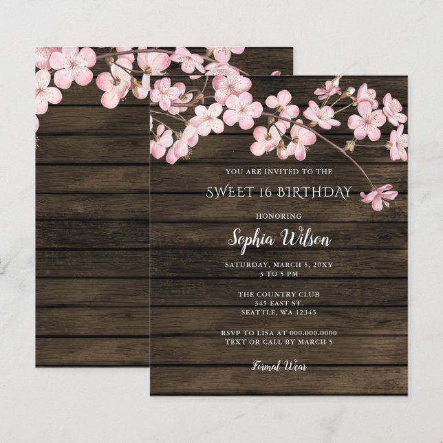 Budget Pink Cherry Blossoms sweet 16 Invitation (Front/Back)