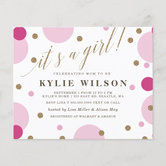 Budget Pink Confetti Girl Baby Shower Invitation (Front)