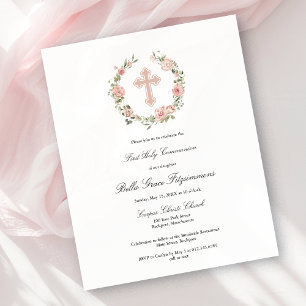 Budget Pink Cross Wreath First Communion Invite