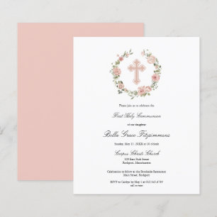 Budget Pink Cross Wreath First Communion Invite