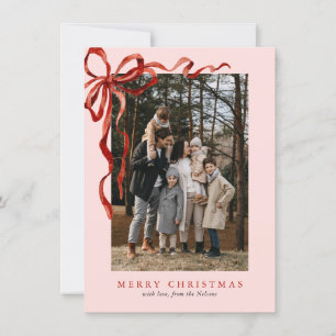 Budget Pink Elegant Red Bow Christmas Two Photo Holiday Card