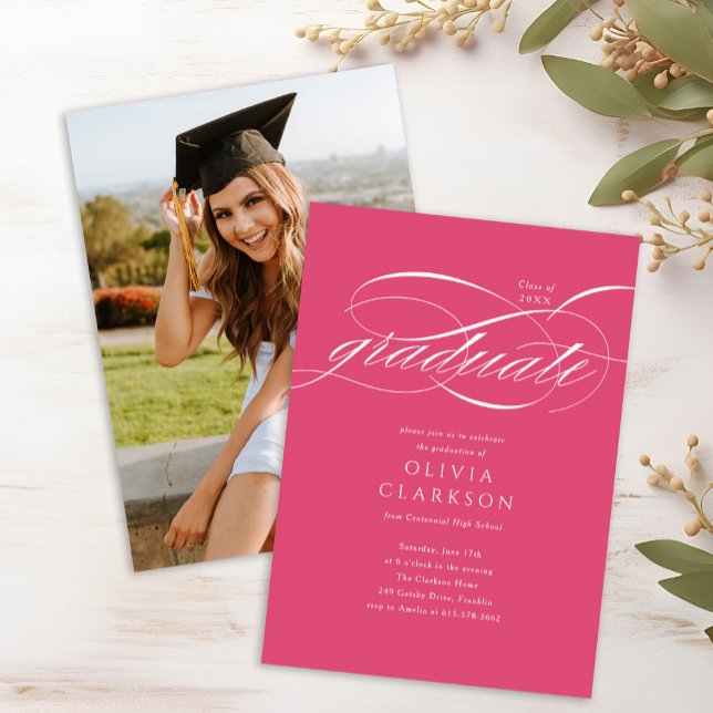 Budget Pink Elegant Script Photo Graduation Party Invitation (Creator Uploaded)