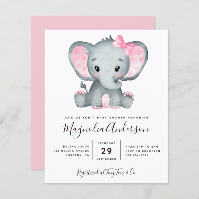 BUDGET Pink Elephant Baby Shower Invitation (Front/Back)