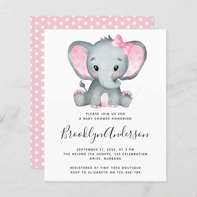 BUDGET Pink Elephant Baby Shower Invitation (Front/Back)