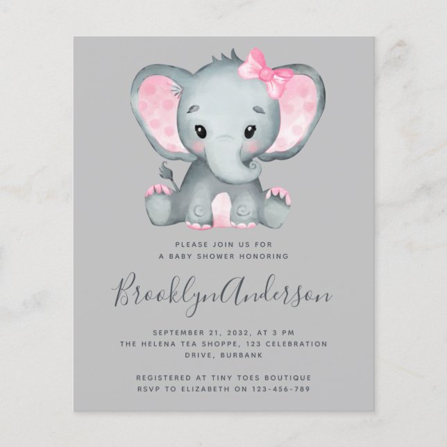 BUDGET Pink Elephant Baby Shower Invitation (Front)