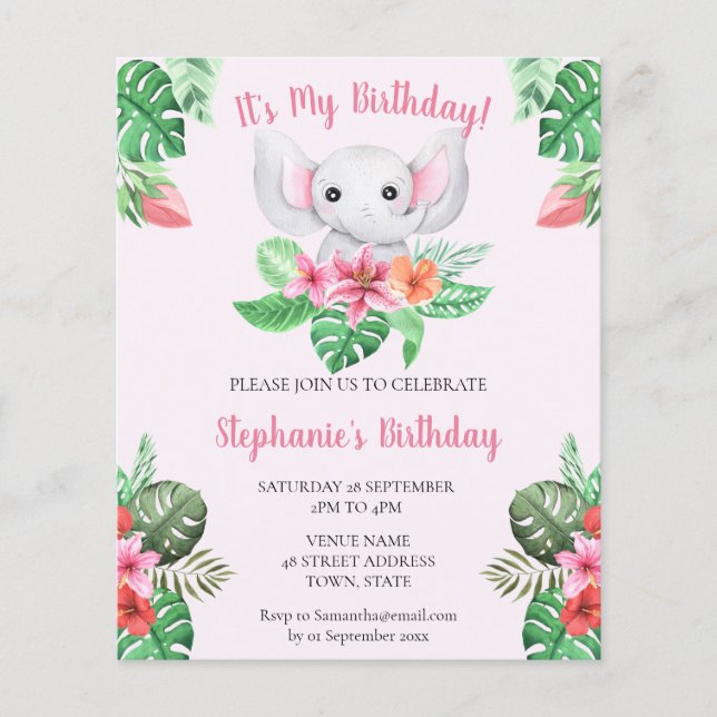 Budget Pink Elephant Girl Baby Birthday Invite (Front)
