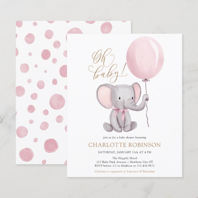 Budget Pink Elephant Girl Baby Shower Invitation (Front/Back)