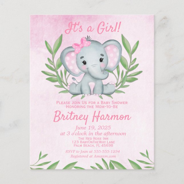 Budget Pink Elephant Girl Baby Shower Invitation (Front)