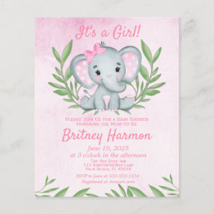 Budget Pink Elephant Girl Baby Shower Invitation