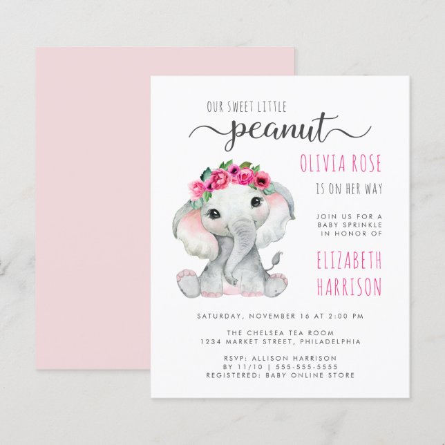 Budget Pink Elephant Watercolor Baby Girl Sprinkle (Front/Back)