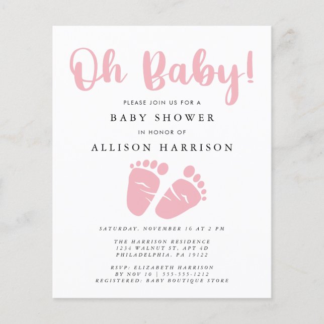 Budget Pink Feet Baby Girl Shower Invitation (Front)