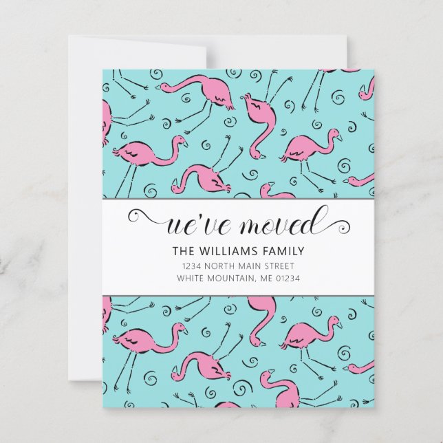 Budget Pink Flamingo on Blue Family Moving Card (Front)