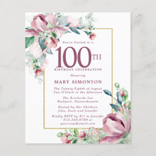 Budget Pink Floral 100th Birthday Invitation