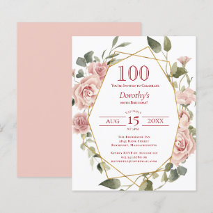 Budget Pink Floral 100th Birthday Invitation