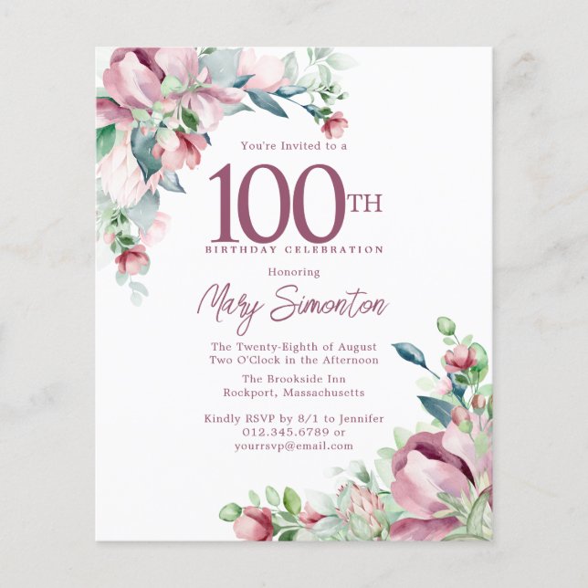 Budget Pink Floral 100th Birthday Invitation (Front)