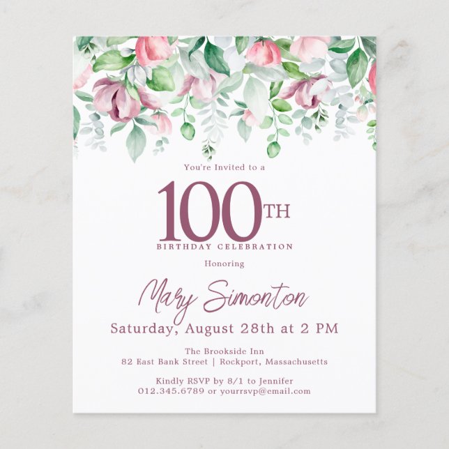Budget Pink Floral 100th Birthday Invitation (Front)