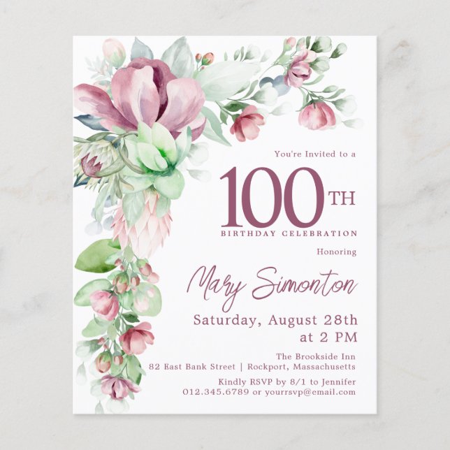 Budget Pink Floral 100th Birthday Invitation (Front)