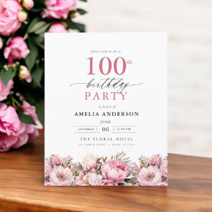 Budget Pink Floral 100th Birthday Invitation