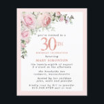 Budget Pink Floral 30th Birthday Invitation<br><div class="desc">Soft blush pink frame with an elegant pink rose floral arrangement in the upper left corner. 30th is written in a beautiful rose gold texture. Pretty and feminine design.</div>