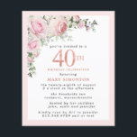 Budget Pink Floral 40th Birthday Invitation<br><div class="desc">Soft blush pink frame with an elegant pink rose floral arrangement in the upper left corner. 40th is written in a beautiful rose gold texture. Pretty and feminine design.</div>
