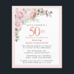 Budget Pink Floral 50th Birthday Invitation<br><div class="desc">Soft blush pink frame with an elegant pink rose floral arrangement in the upper left corner. 50th is written in a beautiful rose gold texture. Pretty and feminine design.</div>