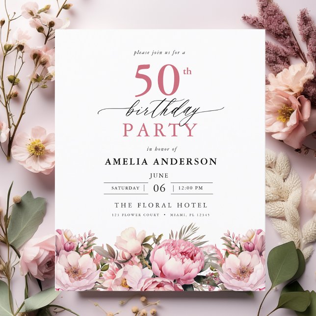 Budget Pink Floral 50th Birthday Invitation (Creator Uploaded)