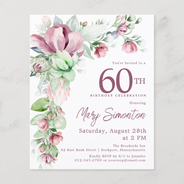 Budget Pink Floral 60th Birthday Invitation (Front)