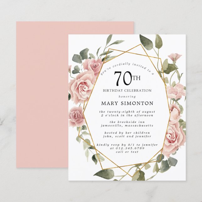 Budget Pink Floral 70th Birthday Invitation (Front/Back)