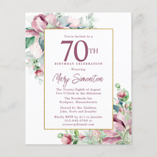 Budget Pink Floral 70th Birthday Invitation