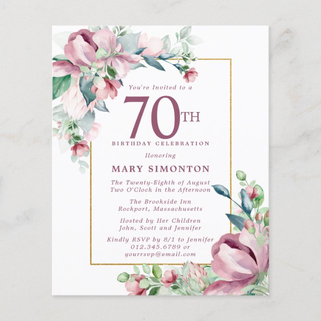 Budget Pink Floral 70th Birthday Invitation (Front)