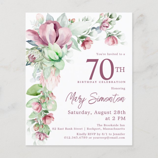 Budget Pink Floral 70th Birthday Invitation (Front)
