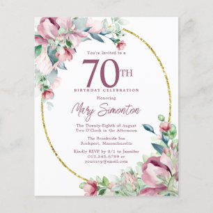 Budget Pink Floral 70th Birthday Invitation
