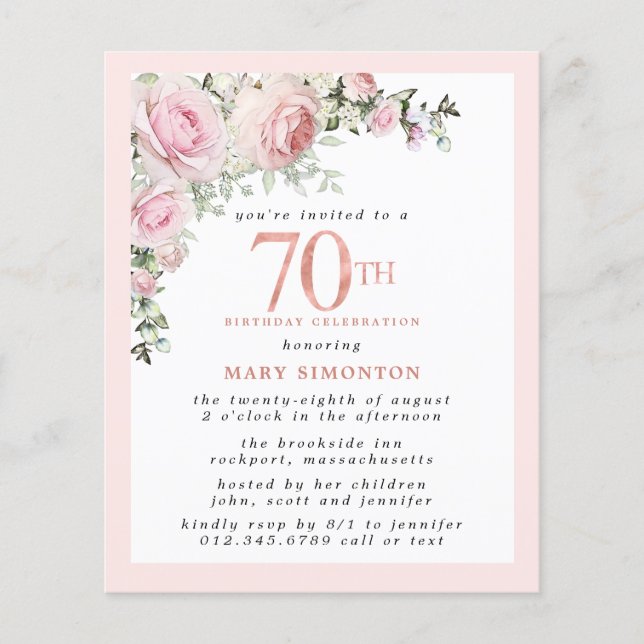 Budget Pink Floral 70th Birthday Invitation (Front)