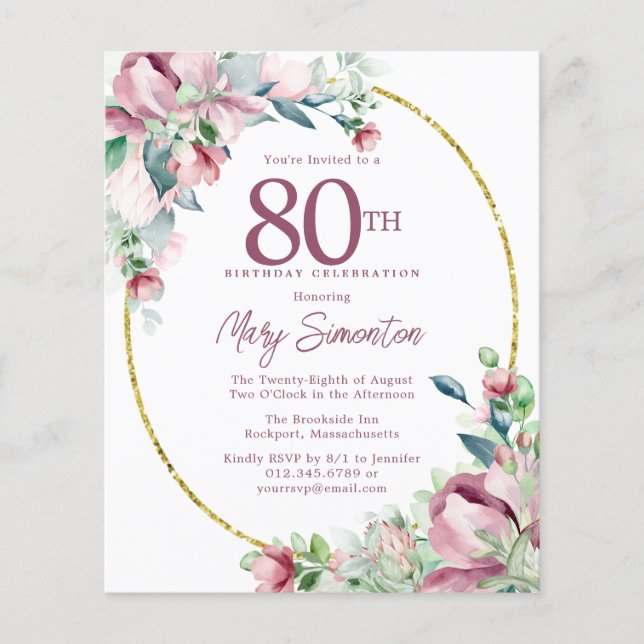 Budget Pink Floral 80th Birthday Invitation (Front)
