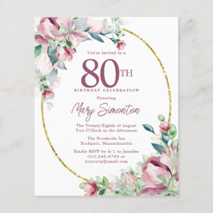Budget Pink Floral 80th Birthday Invitation