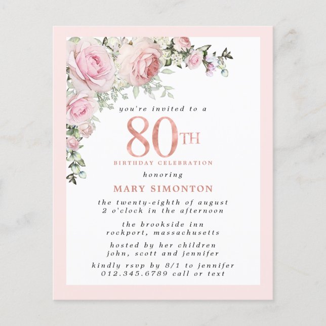 Budget Pink Floral 80th Birthday Invitation (Front)
