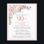 Budget Pink Floral 90th Birthday Invitation<br><div class="desc">Soft blush pink frame with an elegant pink rose floral arrangement in the upper left corner. 90th is written in a beautiful rose gold texture. Pretty and feminine design.</div>