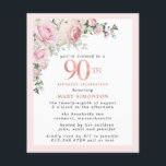 Budget Pink Floral 90th Birthday Invitation<br><div class="desc">Soft blush pink frame with an elegant pink rose floral arrangement in the upper left corner. 90th is written in a beautiful rose gold texture. Pretty and feminine design.</div>