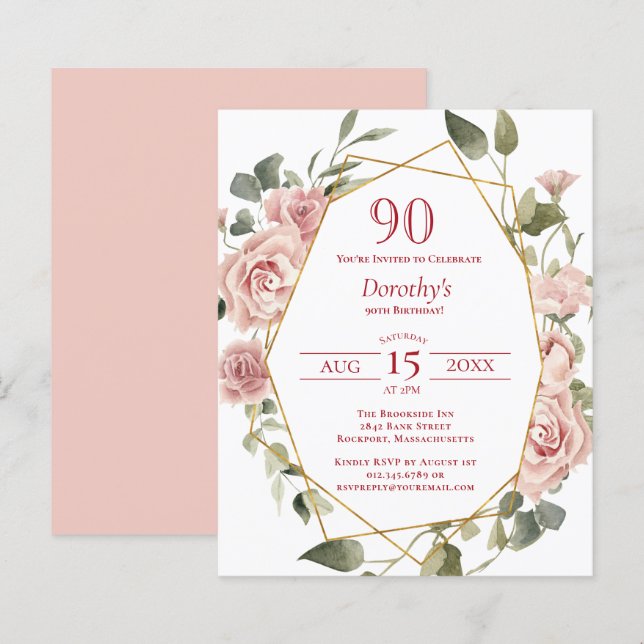Budget Pink Floral 90th Birthday Invitation (Front/Back)