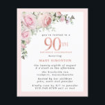 Budget Pink Floral 90th Birthday Invitation<br><div class="desc">Soft blush pink frame with an elegant pink rose floral arrangement in the upper left corner. 90th is written in a beautiful rose gold texture. Pretty and feminine design.</div>