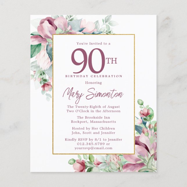 Budget Pink Floral 90th Birthday Invitation (Front)