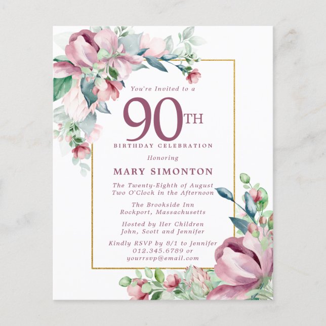 Budget Pink Floral 90th Birthday Invitation (Front)