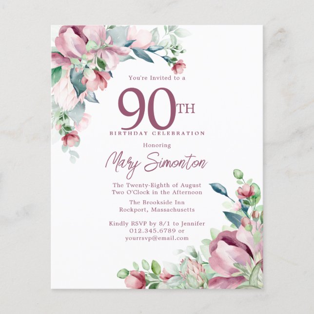 Budget Pink Floral 90th Birthday Invitation (Front)