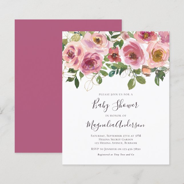 BUDGET Pink Floral Baby Shower Invitation (Front/Back)