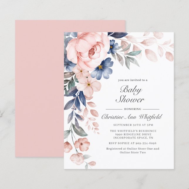 Budget Pink Floral Baby Shower Invitation (Front/Back)