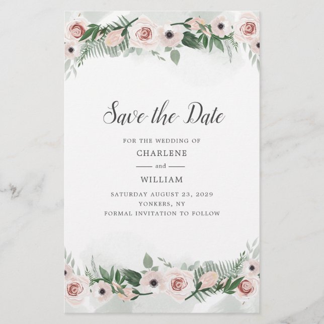 Budget Pink Floral Blush Watercolor Save The Date Stationery (Front)