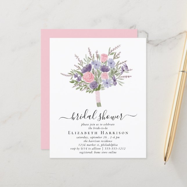 Budget Pink Floral Bouquet Bridal Shower Invite (Front/Back In Situ)
