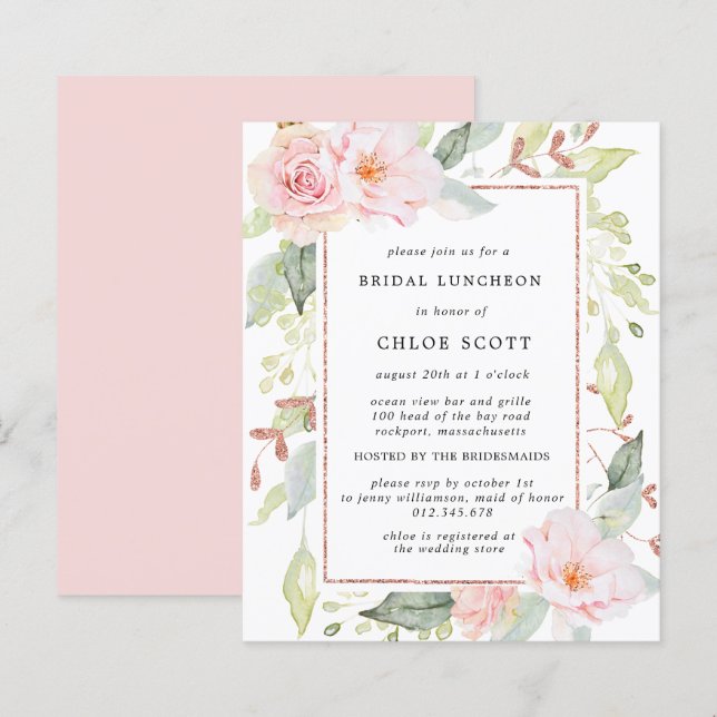Budget Pink Floral Bridal Luncheon Invitation (Front/Back)