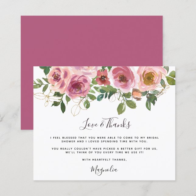 Budget Pink Floral Bridal Shower Thank You Card (Front/Back)