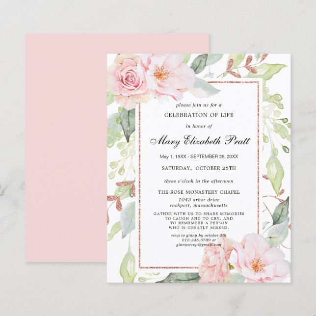 Budget Pink Floral Celebration of Life Invitation (Front/Back)